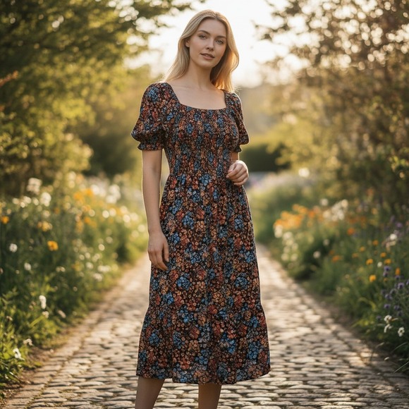Dresses & Skirts - Size L a.n.a Smocked Floral Midi Dress with Puff Sleeves